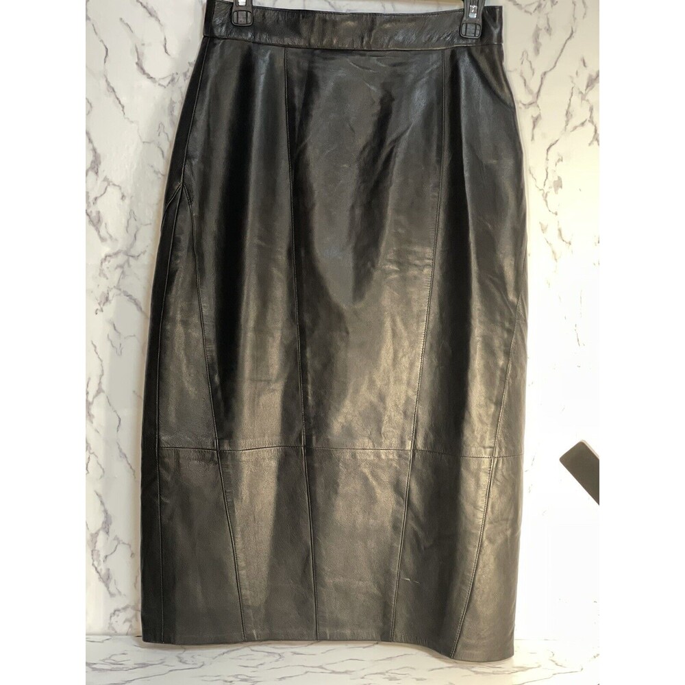 Vintage 70's Lillie Rubin 100% Leather Black High Waisted Bandage Skirt S 10